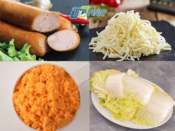 Nguyên liệu cần chuẩn bị để làm xúc xích sốt cay kết hợp phô mai